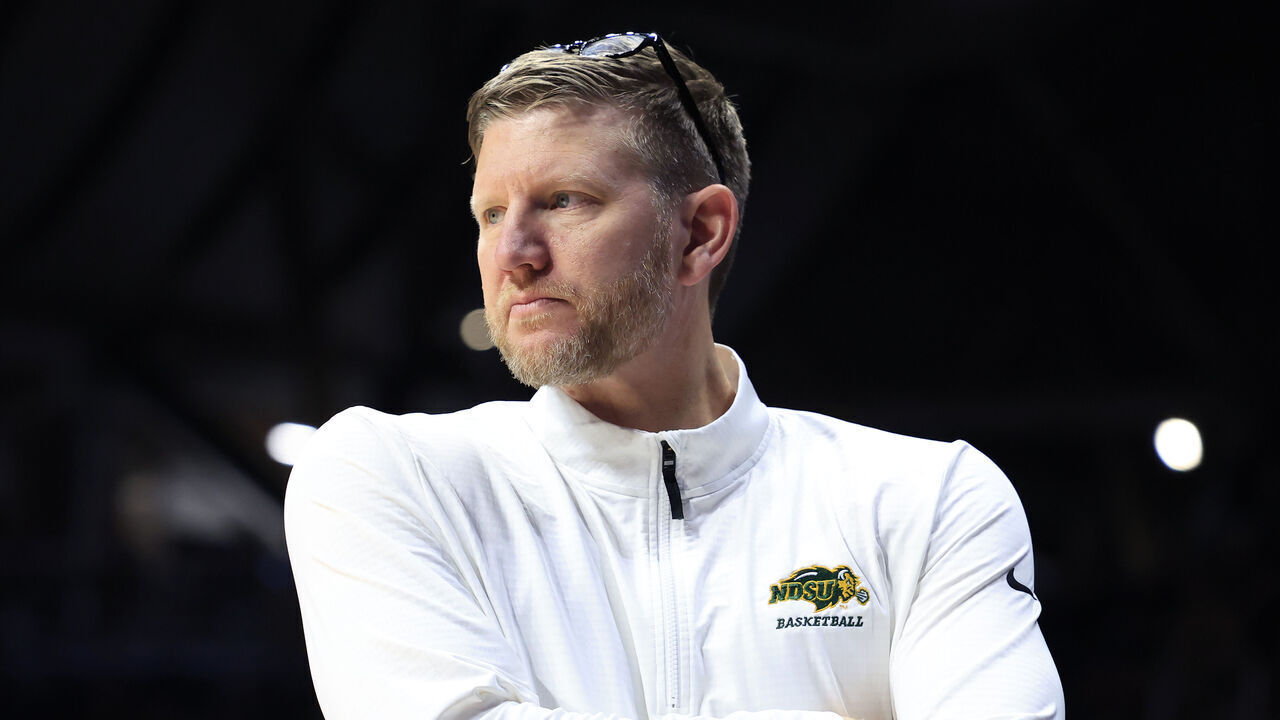 INDIANAPOLIS, INDIANA - DECEMBER 10: Head coach David Richman of the North Dakota State Bison looks on during the first half against the Butler Bulldogs at Hinkle Fieldhouse on December 10, 2024 in Indianapolis, Indiana.