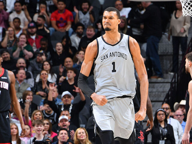 SAN ANTONIO, TX - MARCH 8: Victor Wembanyama #1 of the San Antonio Spurs celebrates during the game against the Houston Rockets on March 8, 2026 at the Frost Bank Center in San Antonio, Texas. Mandatory Copyright Notice: Copyright 2026 NBAE (Photos by Michael Gonzales/NBAE via Getty Images)