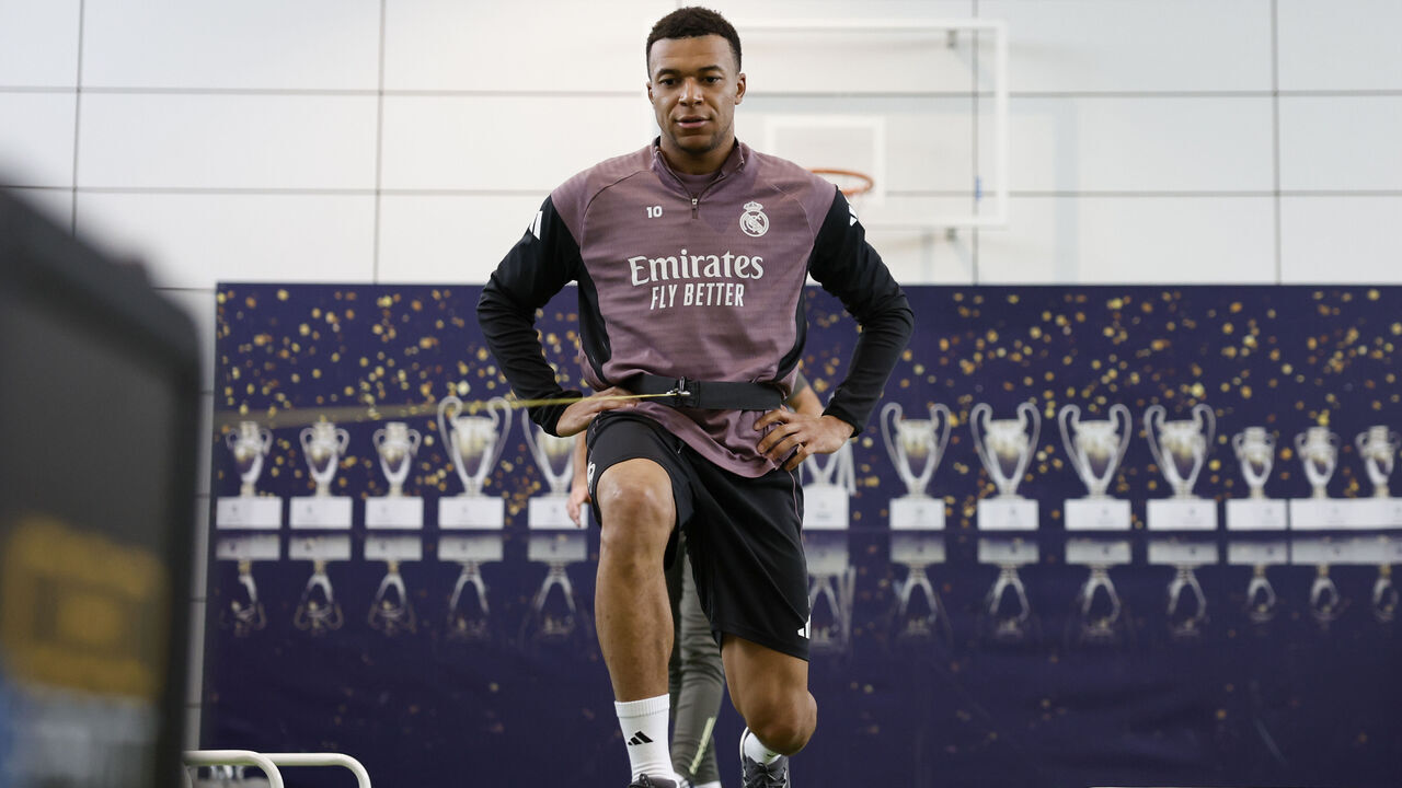 MADRID, SPAIN - MARCH 09: Kylian Mbappé of Real Madrid is training at Ciudad Real Madrid on March 09, 2026 in Madrid, Spain.