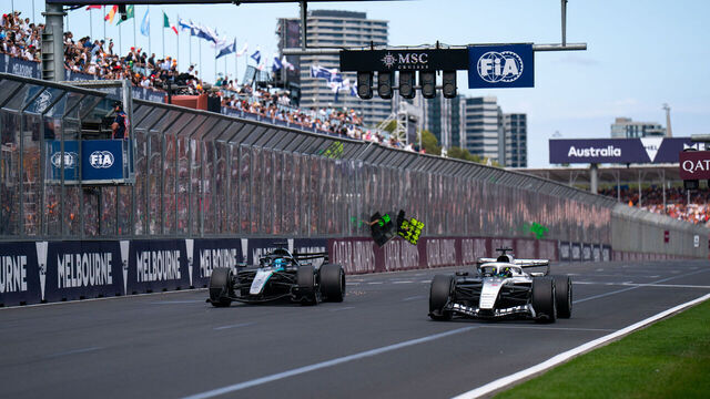 George Russell of the UK drives the (63) Mercedes-AMG Petronas F1 Team W17 E Performance Mercedes, and Sergio Perez of Mexico drives the (11) Cadillac Formula 1 Team Ferrari during the Formula 1 Qatar Airways Australian Grand Prix 2026 in Melbourne, Australia, on March 8, 2026.