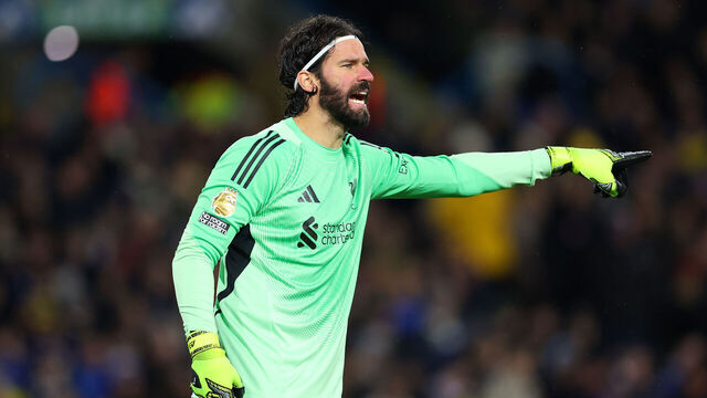 LEEDS, ENGLAND - DECEMBER 06: Alisson Becker of Liverpool reacts during the Premier League match between Leeds United and Liverpool at Elland Road on December 06, 2025 in Leeds, England.