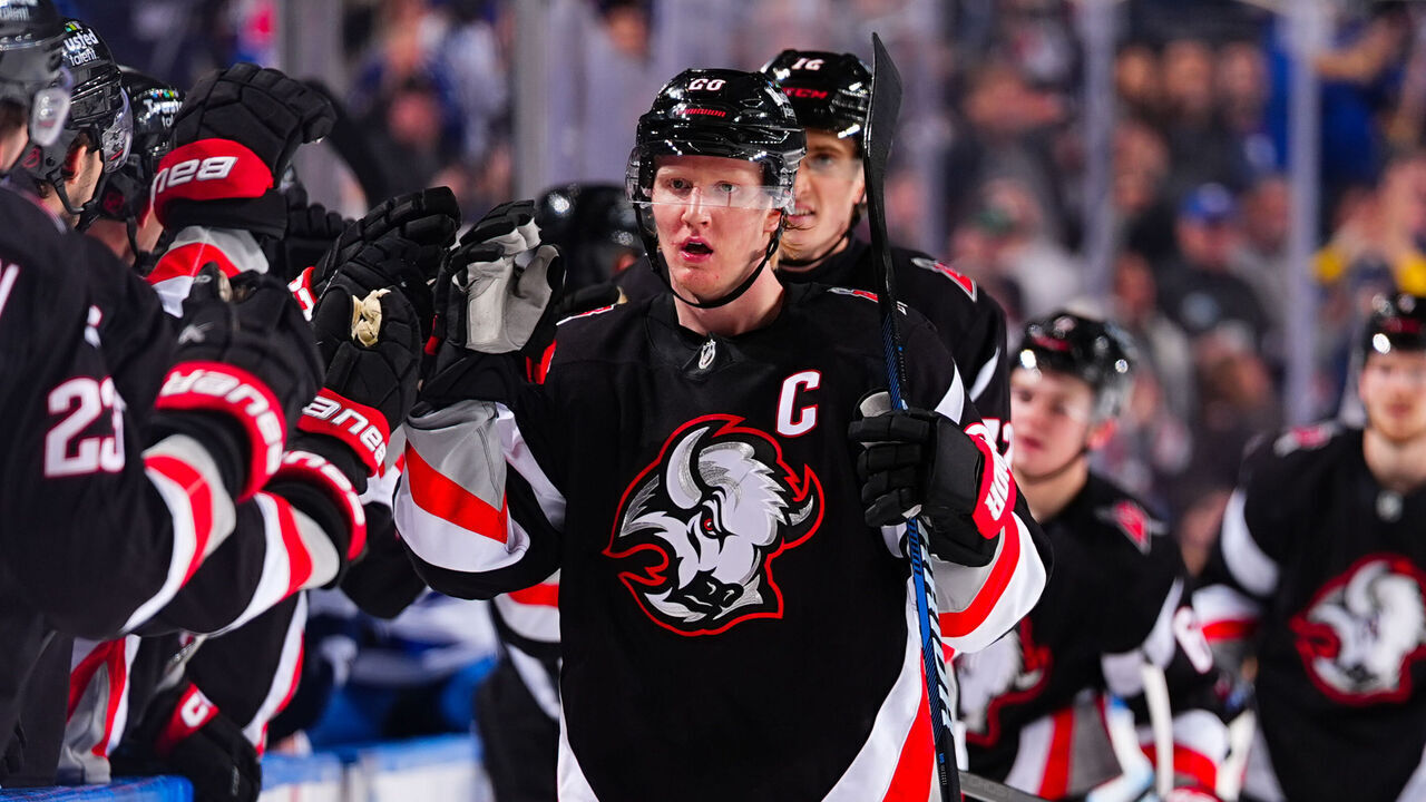 BUFFALO, NEW YORK - MARCH 08: Rasmus Dahlin #26 of the Buffalo Sabres high fives teammates after scoring his team's sixth goal during an NHL game against the Tampa Bay Lightning on March 08, 2026 at KeyBank Center in Buffalo, New York.