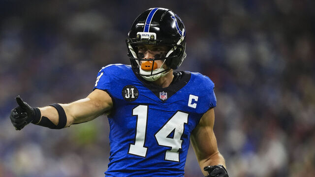 INDIANAPOLIS, IN - DECEMBER 22: Alec Pierce #14 of the Indianapolis Colts lines up before the snap during an NFL football game against the San Francisco 49ers at Lucas Oil Stadium on December 22, 2025 in Indianapolis, Indiana.