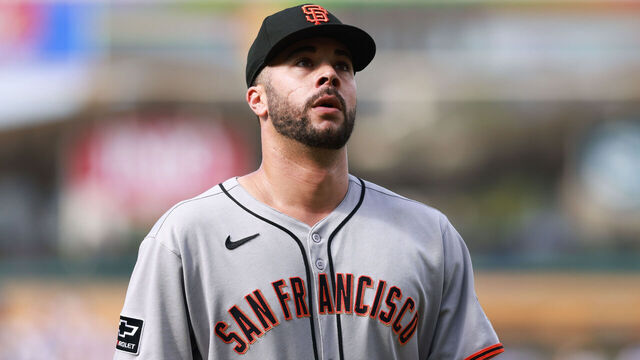 LOS ANGELES, CA - SEPTEMBER 21: Joey Lucchesi #57 of the San Francisco Giants looks on after pitching during the game between the San Francisco Giants and the Los Angeles Dodgers at Dodger Stadium on Sunday, September 21, 2025 in Los Angeles, California.