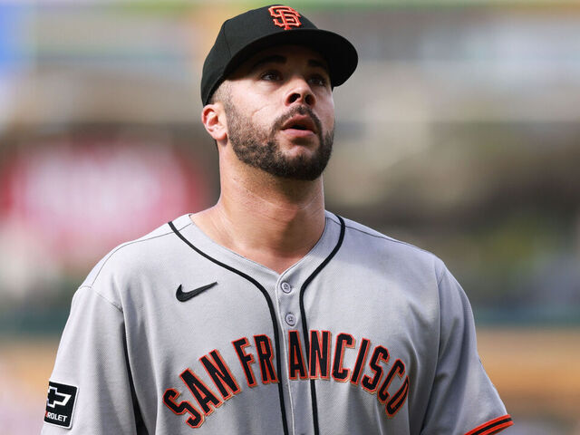 LOS ANGELES, CA - SEPTEMBER 21: Joey Lucchesi #57 of the San Francisco Giants looks on after pitching during the game between the San Francisco Giants and the Los Angeles Dodgers at Dodger Stadium on Sunday, September 21, 2025 in Los Angeles, California.
