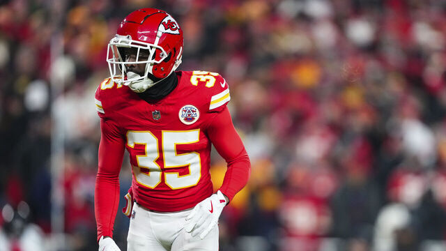 KANSAS CITY, MISSOURI - DECEMBER 07: Jaylen Watson #35 of the Kansas City Chiefs looks on from the field during an NFL football game against the Houston Texans at GEHA Field at Arrowhead Stadium on December 7, 2025 in Kansas City, Missouri.