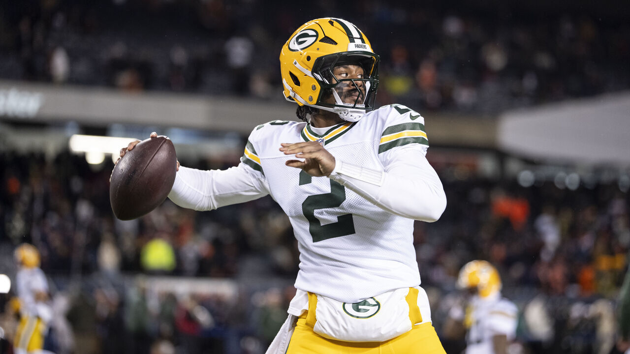 CHICAGO, ILLINOIS - JANUARY 10: Malik Willis #2 of the Green Bay Packers looks to pass prior to an NFL wild card playoff game against the Chicago Bears at Soldier Field on January 10, 2026 in Chicago, Illinois.
