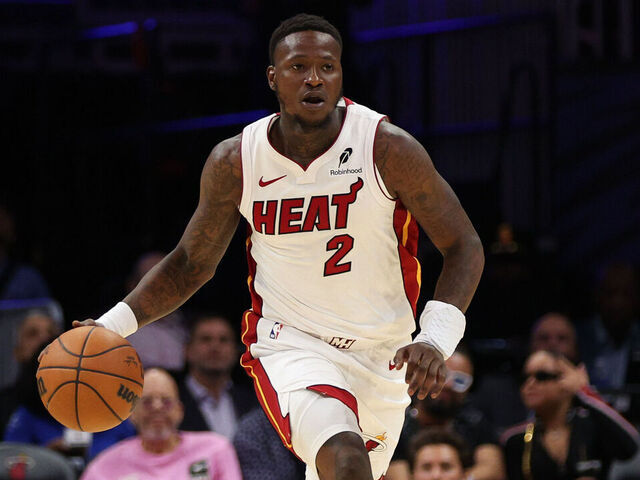 MIAMI, FLORIDA - OCTOBER 17: Terry Rozier #2 of the Miami Heat dribbles the ball during the second half in a preseason game against the Memphis Grizzlies at Kaseya Center on October 17, 2025 in Miami, Florida. NOTE TO USER: User expressly acknowledges and agrees that, by downloading and/or using this Photograph, user is consenting to the terms and conditions of the Getty Images License Agreement.