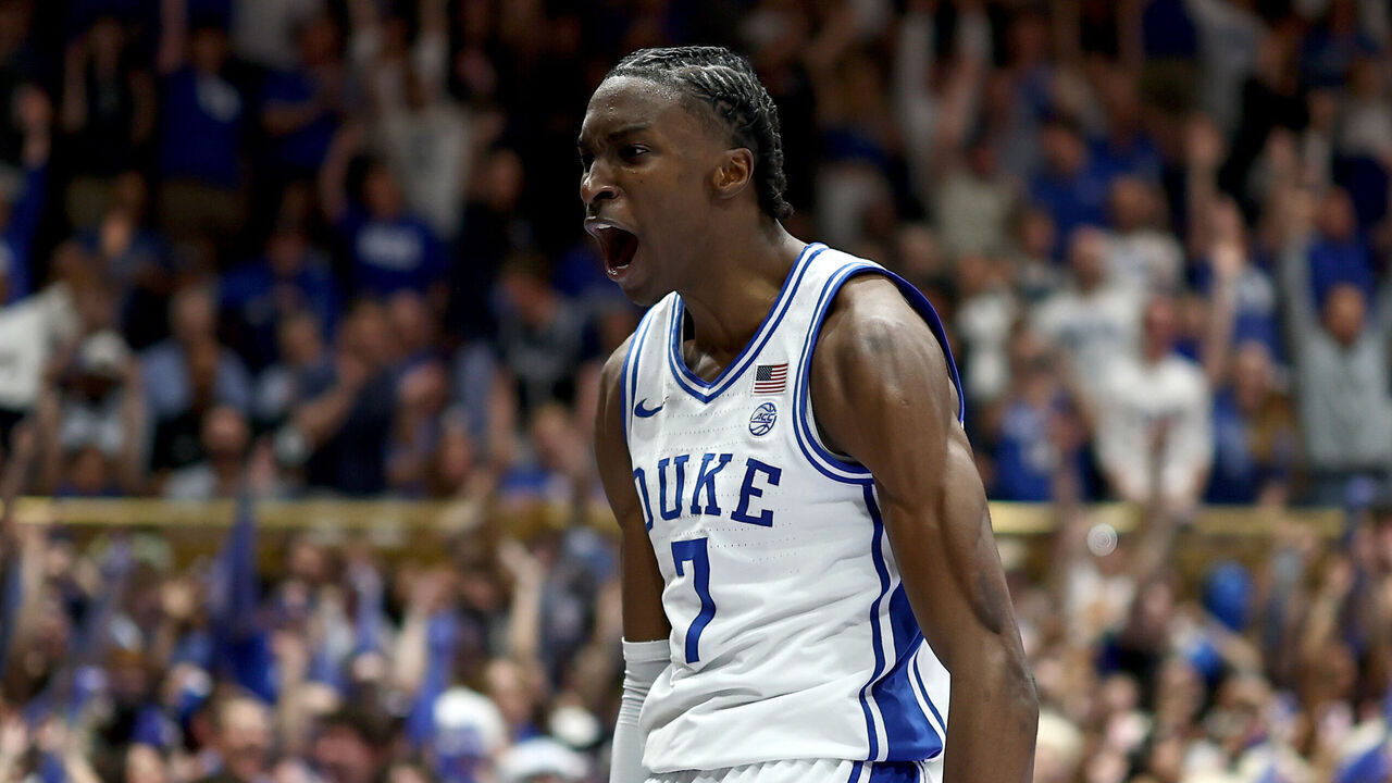 DURHAM, NORTH CAROLINA - MARCH 07: Dame Sarr #7 of the Duke Blue Devils reacts after dunking the ball during the second half of the game against the North Carolina Tar Heels at Cameron Indoor Stadium on March 07, 2026 in Durham, North Carolina.