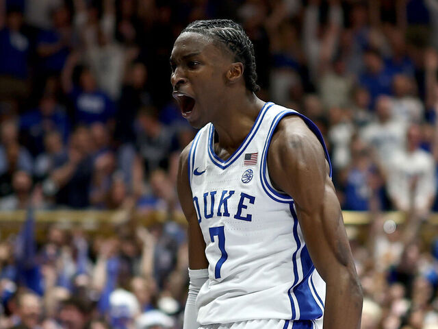 DURHAM, NORTH CAROLINA - MARCH 07: Dame Sarr #7 of the Duke Blue Devils reacts after dunking the ball during the second half of the game against the North Carolina Tar Heels at Cameron Indoor Stadium on March 07, 2026 in Durham, North Carolina.