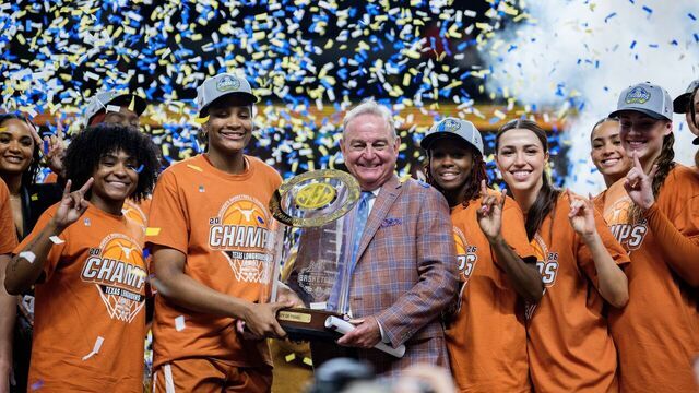 GREENVILLE, SOUTH CAROLINA - MARCH 08: Texas Longhorns players celebrate after defeating the South Carolina Gamecocks during the championship game of the SEC Women's Basketball Tournament at Bon Secours Wellness Arena on March 08, 2026 in Greenville, South Carolina.