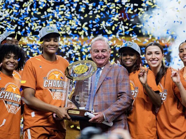 GREENVILLE, SOUTH CAROLINA - MARCH 08: Texas Longhorns players celebrate after defeating the South Carolina Gamecocks during the championship game of the SEC Women's Basketball Tournament at Bon Secours Wellness Arena on March 08, 2026 in Greenville, South Carolina.