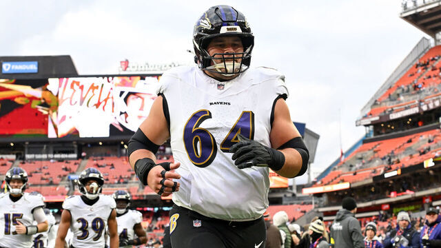 CLEVELAND, OHIO - NOVEMBER 16: Tyler Linderbaum #64 of the Baltimore Ravens runs off the field prior to a game against the Cleveland Browns at Huntington Bank Field on November 16, 2025 in Cleveland, Ohio.