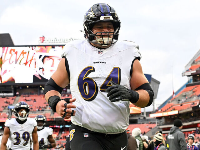 CLEVELAND, OHIO - NOVEMBER 16: Tyler Linderbaum #64 of the Baltimore Ravens runs off the field prior to a game against the Cleveland Browns at Huntington Bank Field on November 16, 2025 in Cleveland, Ohio.