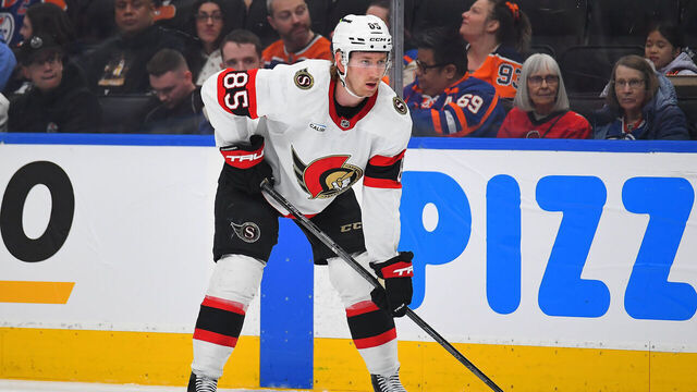 EDMONTON, CANADA - MARCH 3: Jake Sanderson #85 of the Ottawa Senators in action during the game against the Edmonton Oilers at Rogers Place on March 3, 2026, in Edmonton, Alberta, Canada.