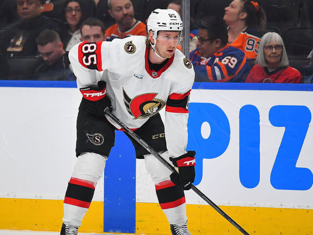 EDMONTON, CANADA - MARCH 3: Jake Sanderson #85 of the Ottawa Senators in action during the game against the Edmonton Oilers at Rogers Place on March 3, 2026, in Edmonton, Alberta, Canada.
