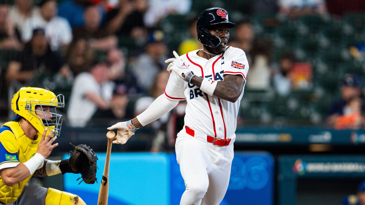HOUSTON, TEXAS - MARCH 09: Jazz Chisholm Jr. #3 of Team Great Britain hits an RBI single in the fifth inning during a game against Team Brazil during the 2026 World Baseball Classic at Daikin Park on March 09, 2026 in Houston, Texas.
