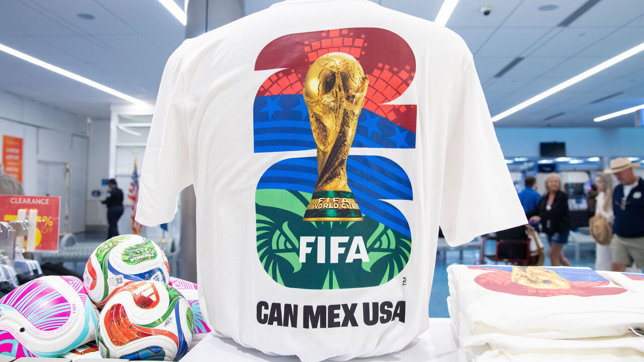 FORT LAUDERDALE, FL - JANUARY 28: FIFA World Cup 26 shirts with the FIFA World Cup 26 logo are on display for sale in a shop on January 28, 2026, at Fort Lauderdale-Hollywood International Airport, in Fort Lauderdale, FL. The 2026 FIFA World Cup host countries are Canada, Mexico, and the United States.