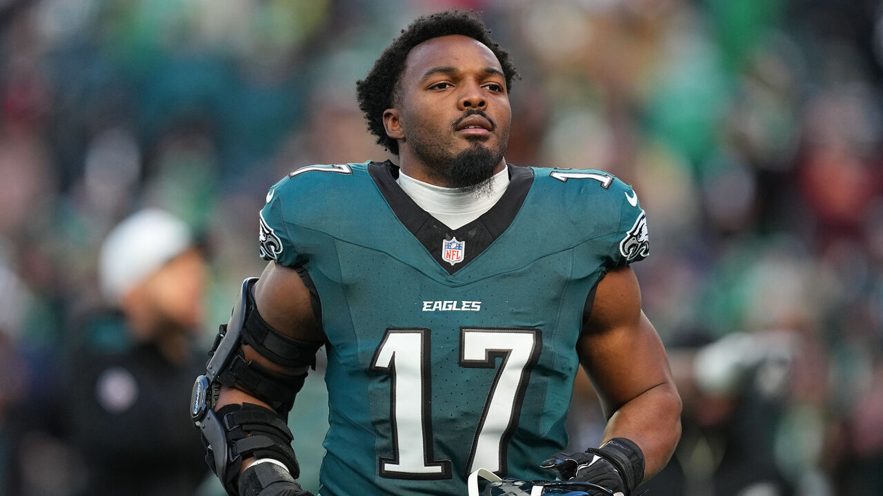 PHILADELPHIA, PENNSYLVANIA - JANUARY 11: Nakobe Dean #17 of the Philadelphia Eagles looks on before the NFC Wild Card Playoff game against the San Francisco 49ers at Lincoln Financial Field on January 11, 2026 in Philadelphia, Pennsylvania.