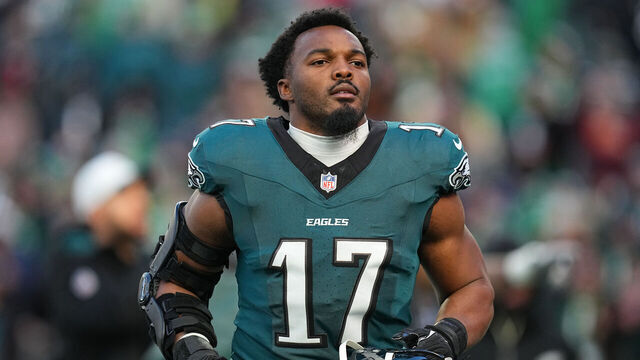 PHILADELPHIA, PENNSYLVANIA - JANUARY 11: Nakobe Dean #17 of the Philadelphia Eagles looks on before the NFC Wild Card Playoff game against the San Francisco 49ers at Lincoln Financial Field on January 11, 2026 in Philadelphia, Pennsylvania.