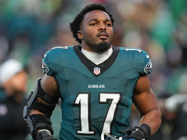 PHILADELPHIA, PENNSYLVANIA - JANUARY 11: Nakobe Dean #17 of the Philadelphia Eagles looks on before the NFC Wild Card Playoff game against the San Francisco 49ers at Lincoln Financial Field on January 11, 2026 in Philadelphia, Pennsylvania.