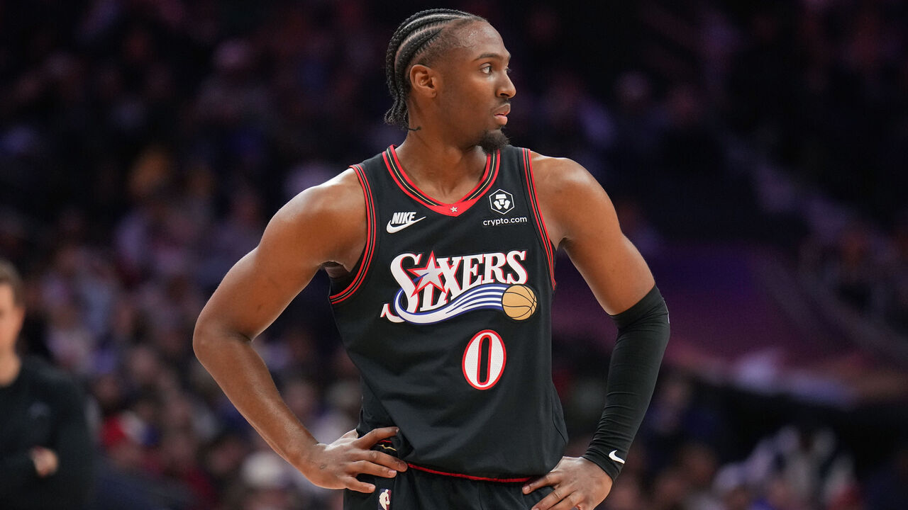 PHILADELPHIA, PA - MARCH 4: Tyrese Maxey #0 of the Philadelphia 76ers looks on during the game against the Utah Jazz on March 4, 2026 at the Wells Fargo Center in Philadelphia, Pennsylvania NOTE TO USER: User expressly acknowledges and agrees that, by downloading and/or using this Photograph, user is consenting to the terms and conditions of the Getty Images License Agreement. Mandatory Copyright Notice: Copyright 2026 NBAE