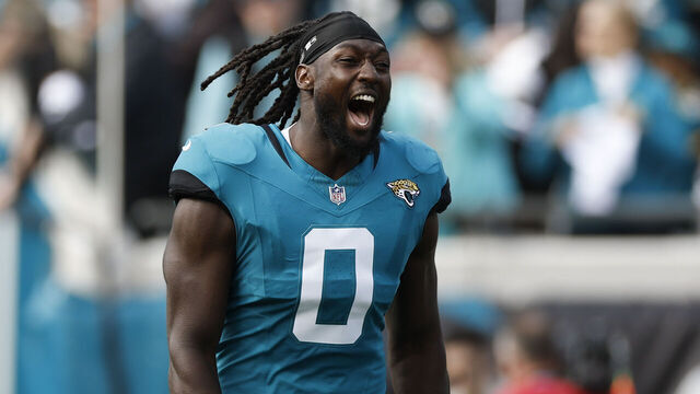 JACKSONVILLE, FL - JANUARY 11: Devin Lloyd #0 of the Jacksonville Jaguars runs out on the field before the AFC Wildcard Playoff game between the Jacksonville Jaguars and the Buffalo Bills on January 11, 2026 at EverBank Stadium in Jacksonville, Fl.