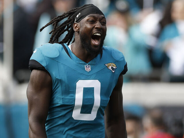 JACKSONVILLE, FL - JANUARY 11: Devin Lloyd #0 of the Jacksonville Jaguars runs out on the field before the AFC Wildcard Playoff game between the Jacksonville Jaguars and the Buffalo Bills on January 11, 2026 at EverBank Stadium in Jacksonville, Fl.