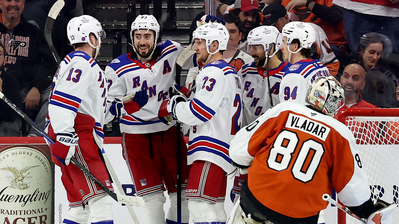 PHILADELPHIA, PENNSYLVANIA - MARCH 09: Mika Zibanejad #93 of the New York Rangers celebrates his goal with teammates during the second period against the Philadelphia Flyers at Xfinity Mobile Arena on March 09, 2026 in Philadelphia, Pennsylvania.