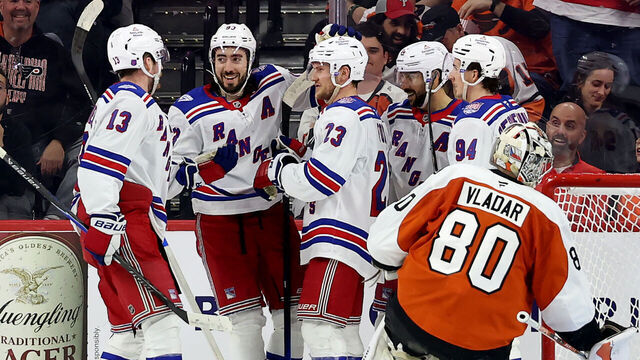 PHILADELPHIA, PENNSYLVANIA - MARCH 09: Mika Zibanejad #93 of the New York Rangers celebrates his goal with teammates during the second period against the Philadelphia Flyers at Xfinity Mobile Arena on March 09, 2026 in Philadelphia, Pennsylvania.