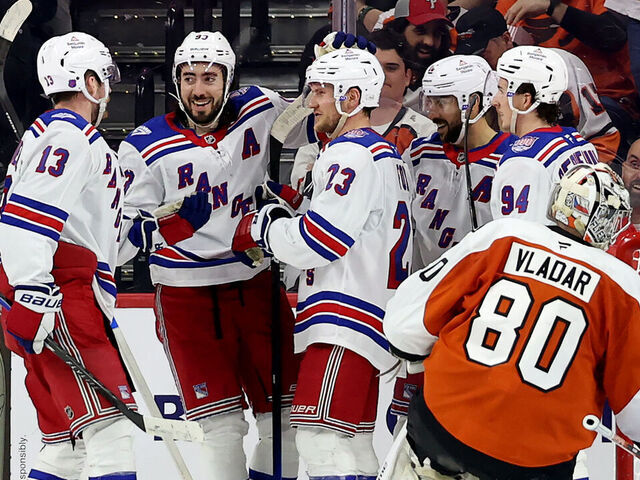 PHILADELPHIA, PENNSYLVANIA - MARCH 09: Mika Zibanejad #93 of the New York Rangers celebrates his goal with teammates during the second period against the Philadelphia Flyers at Xfinity Mobile Arena on March 09, 2026 in Philadelphia, Pennsylvania.