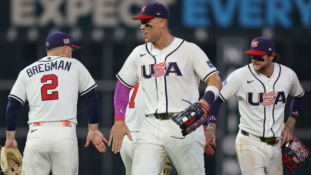 HOUSTON, TEXAS - MARCH 09: Aaron Judge #99 of Team United States celebrates after defeating Team Mexico during a 2026 World Baseball Classic Pool B game at Daikin Park on March 09, 2026 in Houston, Texas.