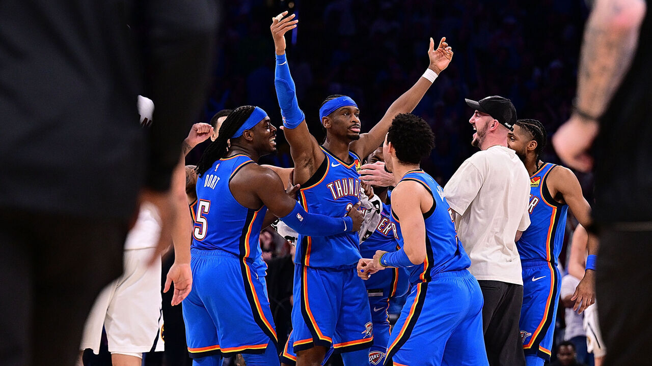 OKLAHOMA CITY, OKLAHOMA - MARCH 9: Shai Gilgeous-Alexander #2 of the Oklahoma City Thunder celebrates his game-winning shot with his team at the end of regulation against the Denver Nuggets at Paycom Center on March 9, 2026 in Oklahoma City, Oklahoma.