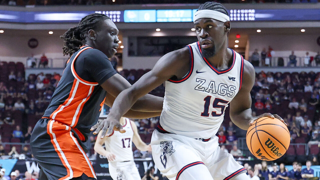 LAS VEGAS, NEVADA - MARCH 09: Graham Ike #15 of the Gonzaga Bulldogs drives against Yaak Yaak #4 of the Oregon State Beavers in the first half of a semifinal game of the West Coast Conference men's basketball tournament at the Orleans Arena on March 09, 2026 in Las Vegas, Nevada.