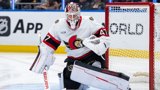 VANCOUVER, BC - MARCH 09: Ottawa Senators goaltender James Reimer (47) warms up before the first period of an NHL game between the Ottawa Senators and the Vancouver Canucks on Monday, March 9, 2026 at Rogers Arena in Vancouver, B.C.