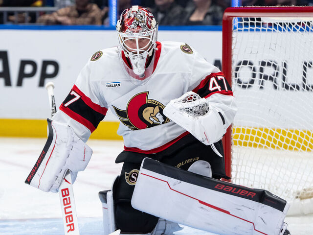 VANCOUVER, BC - MARCH 09: Ottawa Senators goaltender James Reimer (47) warms up before the first period of an NHL game between the Ottawa Senators and the Vancouver Canucks on Monday, March 9, 2026 at Rogers Arena in Vancouver, B.C.