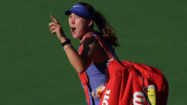 INDIAN WELLS, CALIFORNIA - MARCH 09: Mirra Andreeva reacts to the crowd who booed her as she walked off court after her three set defeat by Katerina Siniakova of Czechia in their third round match of the BNP Paribas Open at Indian Wells Tennis Garden on March 09, 2026 in Indian Wells, California.