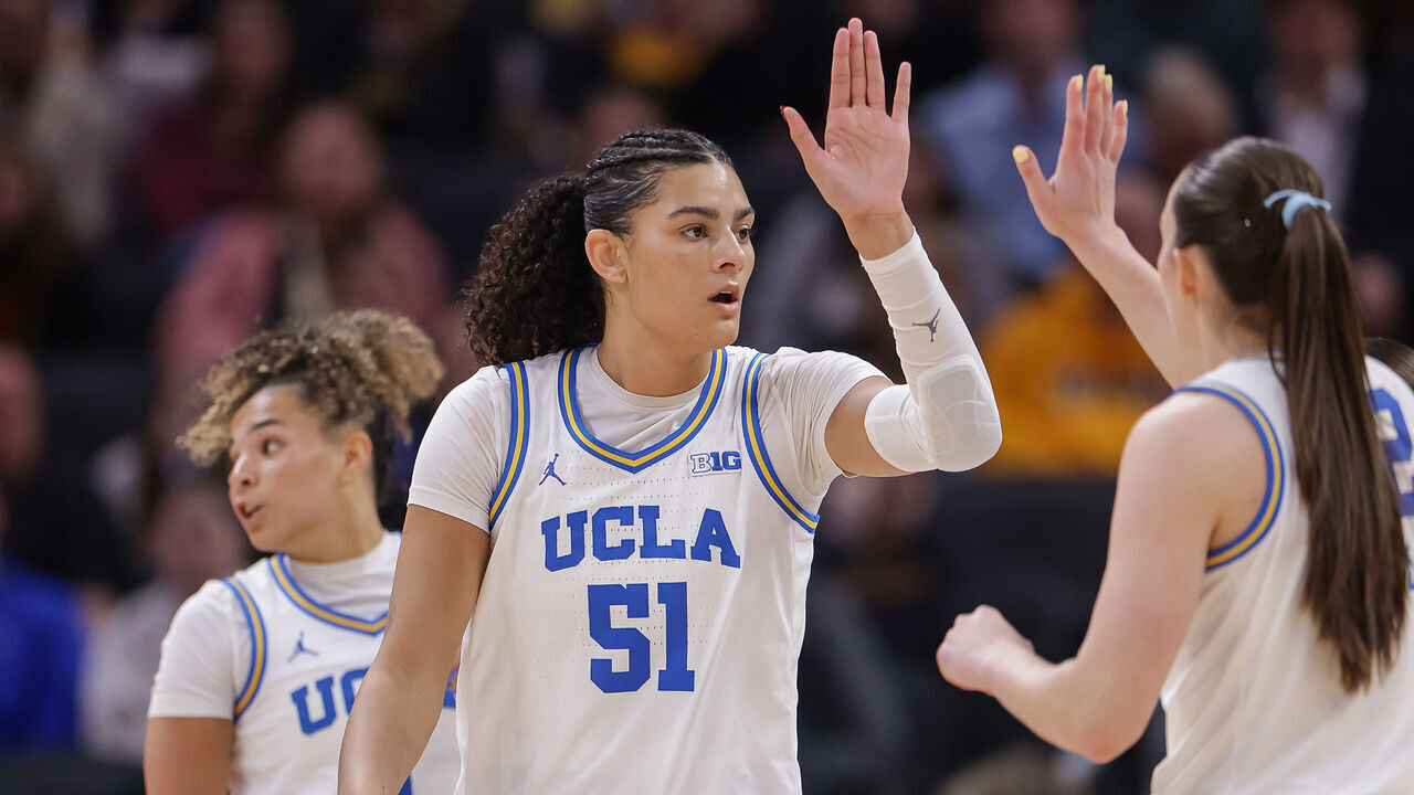 INDIANAPOLIS, INDIANA - MARCH 8: Lauren Betts #51 and Angela Dugali #32 of the UCLA Bruins celebrate during the game against the Iowa Hawkeyes in the Big Ten Women's Basketball Tournament Championship at Gainbridge Fieldhouse on March 8, 2026 in Indianapolis, Indiana.