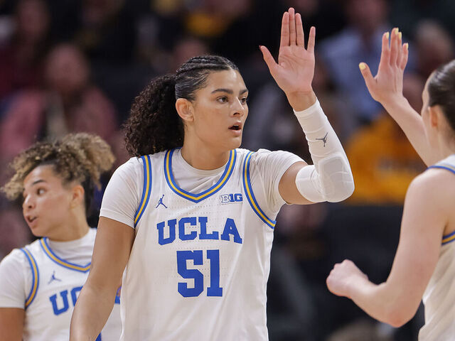 INDIANAPOLIS, INDIANA - MARCH 8: Lauren Betts #51 and Angela Dugali #32 of the UCLA Bruins celebrate during the game against the Iowa Hawkeyes in the Big Ten Women's Basketball Tournament Championship at Gainbridge Fieldhouse on March 8, 2026 in Indianapolis, Indiana.