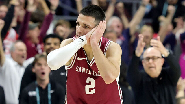 LAS VEGAS, NEVADA - MARCH 09: Sash Gavalyugov #2 of the Santa Clara Broncos does a "night night" celebration after hitting a 3-pointer against the Saint Mary's Gaels with less than nine seconds left in the second half of a semifinal game of the West Coast Conference men's basketball tournament at the Orleans Arena on March 09, 2026 in Las Vegas, Nevada. The Broncos defeated the Gaels 76-71.