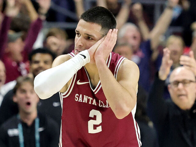 LAS VEGAS, NEVADA - MARCH 09: Sash Gavalyugov #2 of the Santa Clara Broncos does a "night night" celebration after hitting a 3-pointer against the Saint Mary's Gaels with less than nine seconds left in the second half of a semifinal game of the West Coast Conference men's basketball tournament at the Orleans Arena on March 09, 2026 in Las Vegas, Nevada. The Broncos defeated the Gaels 76-71.