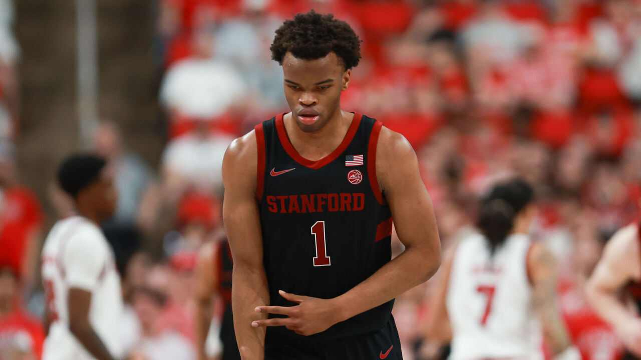 RALEIGH, NC - MARCH 07: Ebuka Okorie #1 of the Stanford Cardinals celebrates the three during the college basketball game between the Stanford Cardinals and the NC State Wolfpack on March 7, 2026 at the Lenovo Center in Raleigh, NC.