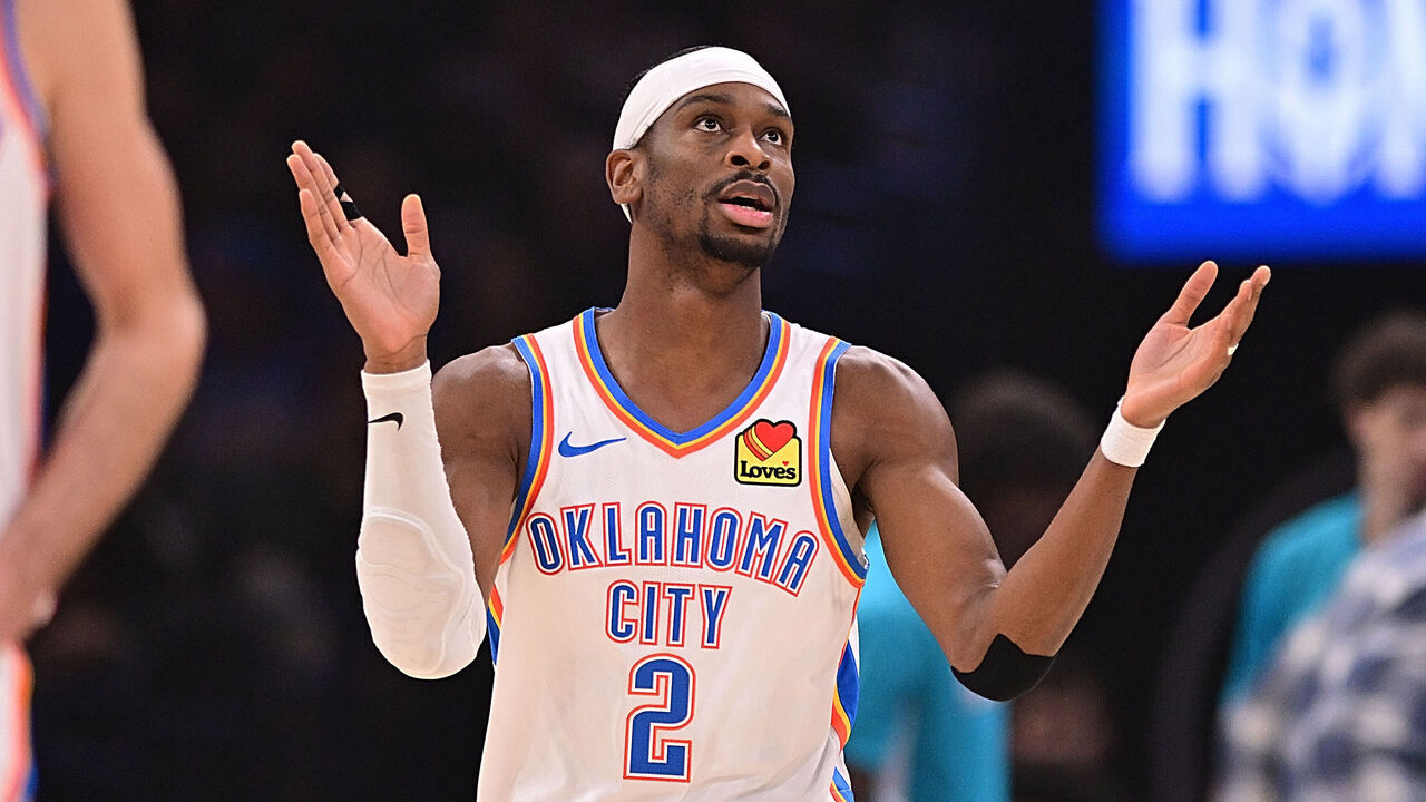OKLAHOMA CITY, OKLAHOMA - JANUARY 5: Shai Gilgeous-Alexander #2 of the Oklahoma City Thunder reacts during the first half against the Charlotte Hornets at Paycom Center on January 5, 2026 in Oklahoma City, Oklahoma.