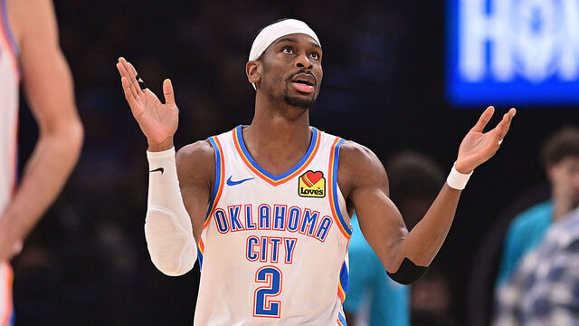 OKLAHOMA CITY, OKLAHOMA - JANUARY 5: Shai Gilgeous-Alexander #2 of the Oklahoma City Thunder reacts during the first half against the Charlotte Hornets at Paycom Center on January 5, 2026 in Oklahoma City, Oklahoma.