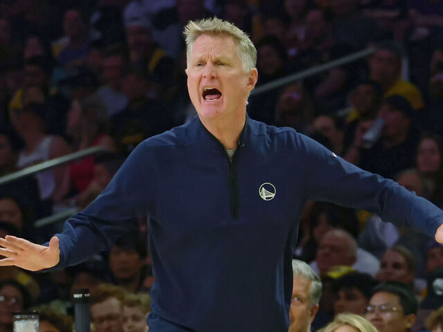 LOS ANGELES, CA - FEBRUARY 7: Head coach Steve Kerr of the Golden State Warriors yells instructions from the sideline during the first half of an NBA game against the Los Angeles Lakers at Crypto.com Arena on February 7, 2026 in Los Angeles, California.