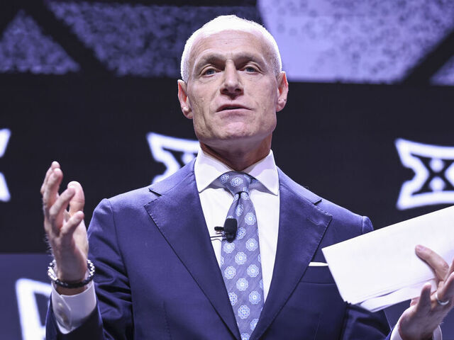 KANSAS CITY, MO - OCTOBER 21: Big 12 commissioner Brett Yormark speaks during the Big 12 Women's Basketball Media Days on October 21, 2025 at T-Mobile Center in Kansas City, MO.