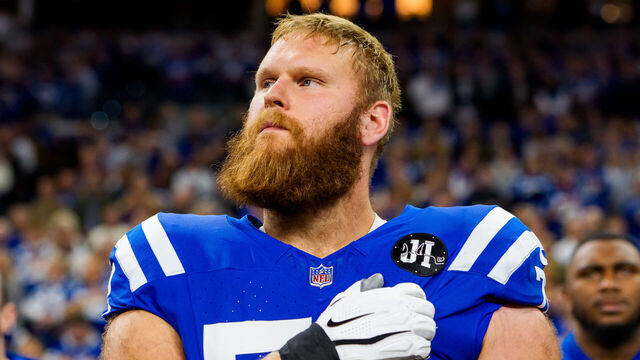 INDIANAPOLIS, INDIANA - NOVEMBER 30: Braden Smith #72 of the Indianapolis Colts holds hand over heart during National Anthem prior to an NFL football game against the Houston Texans at Lucas Oil Stadium on November 30, 2025 in Indianapolis, Indiana.