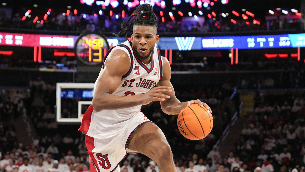 NEW YORK, NEW YORK - FEBRUARY 28: Zuby Ejiofor #24 of the St. John's Red Storm dribbles the ball in the second half of a college basketball game against the Villanova Wildcats at Madison Square Garden on February 28, 2026 in New York City.