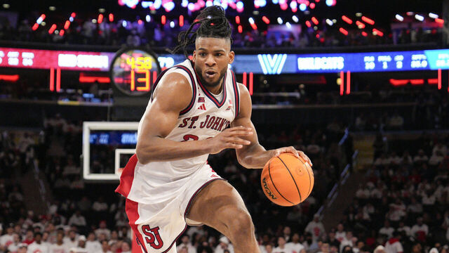 NEW YORK, NEW YORK - FEBRUARY 28: Zuby Ejiofor #24 of the St. John's Red Storm dribbles the ball in the second half of a college basketball game against the Villanova Wildcats at Madison Square Garden on February 28, 2026 in New York City.