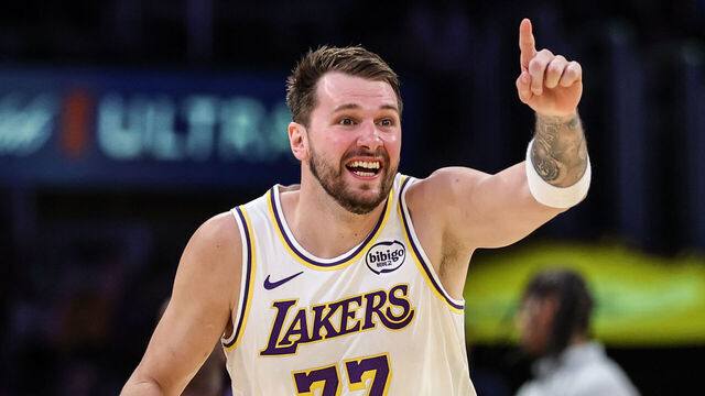 Los Angeles, CA, Sunday, March 8, 2026 - Los Angeles Lakers guard Luka Doncic (77) yells out to a teammate as he celebrates after hitting a difficult three pointer against the the New York Knicks at Crypto.com Arena. (Robert Gauthier/Los Angeles Times via Getty Images)